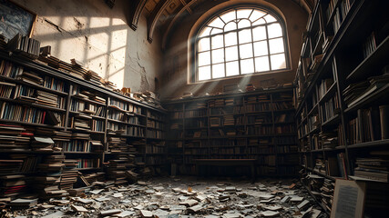 Whispers of the Past: A Decaying Library with Crumbling Shelves of Ancient Books, Fallen Pages, and Dust-Filled Sunbeams from an Arched Window