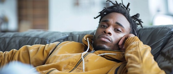 Obraz premium Depressed handsome black man listening to music on sofa, sad expression