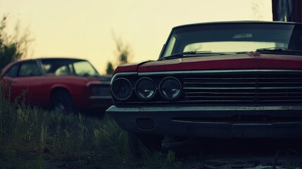 Fototapeta premium An artistic shot of two vintage cars, one red and one dark, partially obscured by grass, evoking nostalgia and decay.