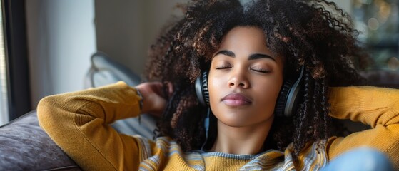 Fototapeta premium Depressed beautiful black woman listening to music on sofa, sad expression