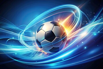 A stylized illustration of a abstract football in motion, surrounded by swirling lines and shapes, evoking dynamic energy and excitement on a vibrant blue background.