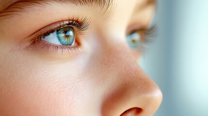 A close up of a young girl with blue eyes looking at something, AI
