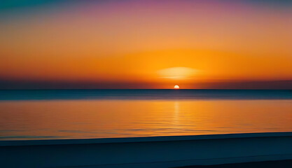 Obraz premium teal blue sky oranges yellows ocean horizon creating vibrant panoramic sunset rich gradients evoke ethereal dreamy atmosphere