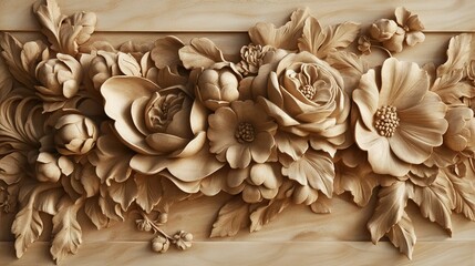 Intricate floral wood carving art showcasing detailed flowers and leaves in a natural wood finish