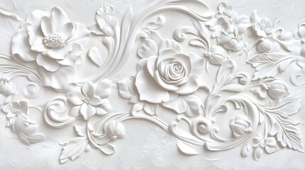 Intricate white floral relief artwork showcasing roses and additional blossoms against a textured background