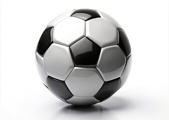Fototapeta premium A stylized, shiny, white soccer ball with black pentagons serves as a modern, minimalist icon on a clean, white background with subtle shadows.