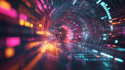 Obraz premium A digital tunnel filled with data flowing like a river. This shows how much information is shared in the digital world.