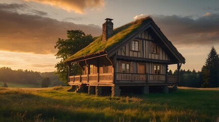 Obraz premium A wooden hut in the middle of the meadow, sunset atmosphere, golden time, a forest house