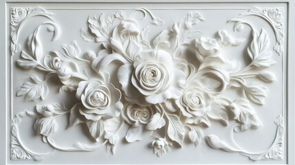 Elegant white floral relief art featuring roses and intricate detailing on a smooth background