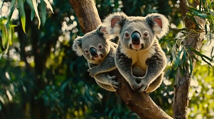 Fototapeta premium A couple of koalas perched on a leafy green tree branch