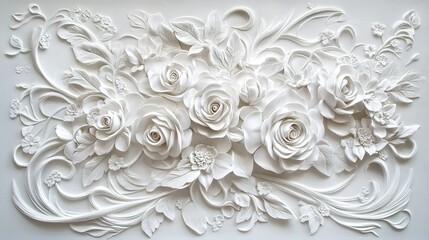 Elegant white floral relief art featuring intricately carved roses and decorative foliage in a textured design