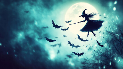 Fototapeta premium Cute witches and bats flying against a moonlit sky. Perfect for Halloween!
