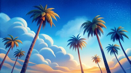 Fototapeta premium Low angle view from below of coconut palm tree against cloud and blue sky