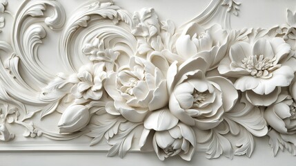 Intricate white floral relief sculpture featuring detailed tulips and peonies in elegant design