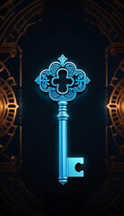 Obraz premium abstract digital art featuring glowing blue key surrounded intricate patterns symbols dark cosmic background