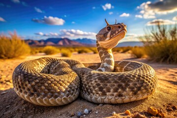 A venomous western diamondback rattlesnake coils in the scorching hot sand of a desert landscape, its scaly body glistening in the intense sunlight.