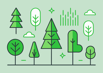  A simple and modern illustration of a forest scene featuring various trees, clouds, and rain. This minimalist design is perfect for creating a calming and nature-inspired aesthetic in your projects.