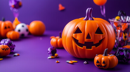 Cheerful Halloween Decor with a Pumpkin and Bright Orange Accents on a Purple Background, Featuring Whimsical Toys and Colorful Decorations for a Fun Party