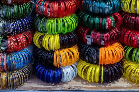 Colorful Rajasthani bangles being sold at famous Sardar Market and Ghanta ghar Clock tower in Jodhpur, Rajasthan, India.