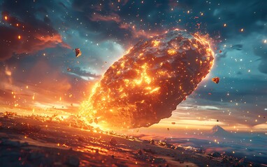 Obraz premium A fiery asteroid hurtles through the sky, leaving a trail of debris in its wake.