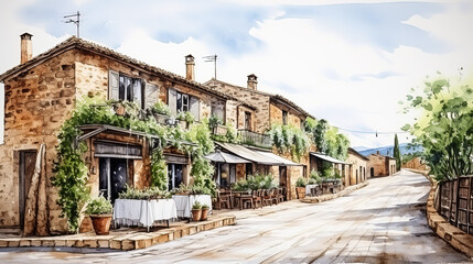 Fototapeta premium Watercolor sketch of the old street of the Mediterranean city