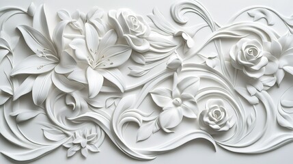 Intricate white floral relief artwork showcasing various flowers and elegant swirls on a smooth background