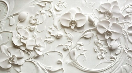Elegant white floral relief pattern featuring intricate orchids and vines designed for home decor and artistic displays