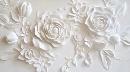 Elegant white floral relief art featuring intricate roses and blossoms against a textured background