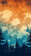 Grunge forest background with copy space in blue and orange