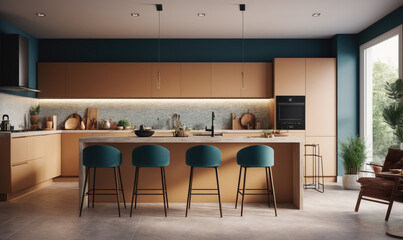 A modern kitchen with teal and wood cabinets, a white countertop, and four teal bar stools
