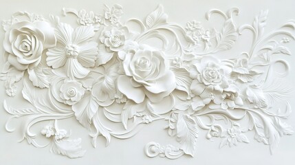 Elegant white floral relief sculpture showcased on a wall, highlighting intricate designs and textures in fine detail
