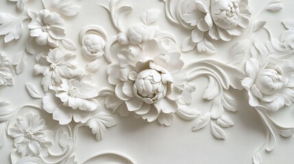 Intricate white floral relief design showcasing detailed peonies and blossoms carved on a smooth surface for elegant decor