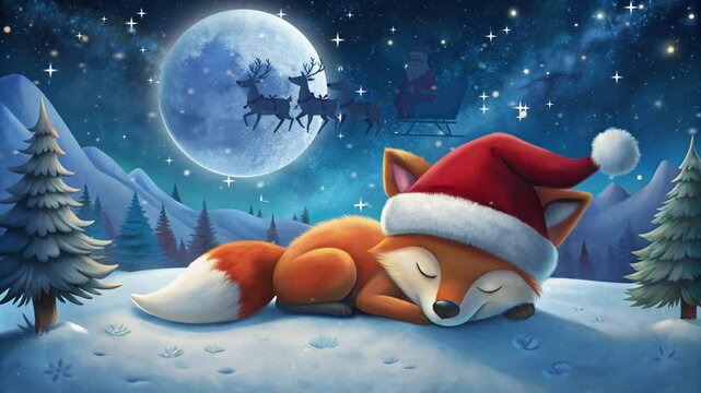 Cute Cartoon Fox in Santa Hat is sleeping on Forest. New Year's lullaby for baby. Intro loop animation