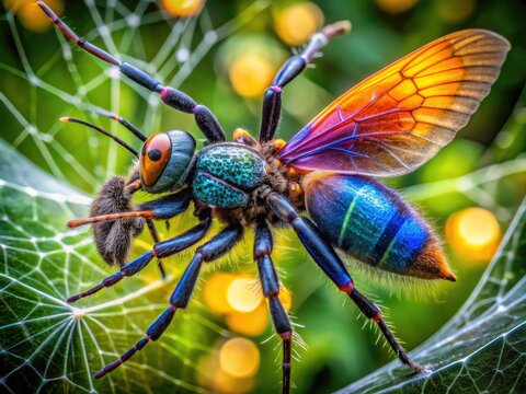 A Vibrant Tarantula Hawk Wasp With Iridescent Wings Hovers Over A Tarantula In Its Web, Preparing To Paralyze It For Its Young.