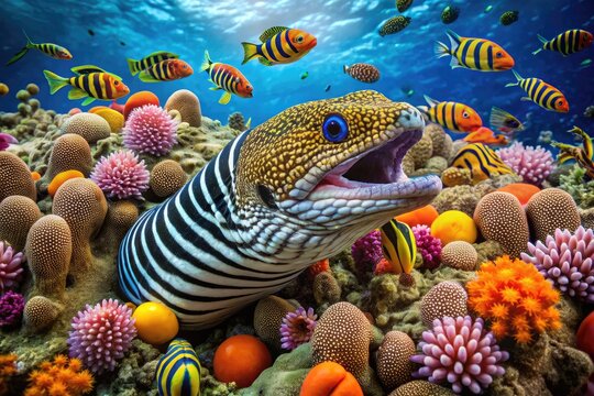 A vibrant underwater scene featuring a snake-like moray eel wrapped around a school of striped fish, surrounded by coral and sea anemones.