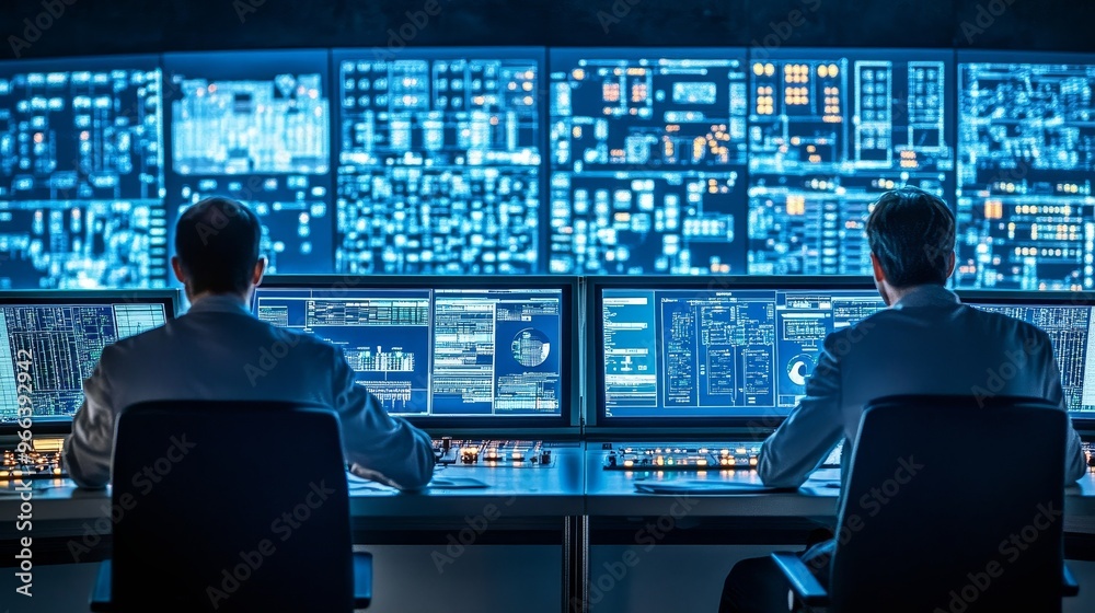 Aufkleber two professionals monitor multiple digital screens displaying data and analytics in a high-tech cont