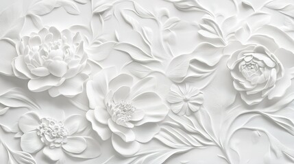 Elegant white relief floral design featuring intricate flowers and leaves on a smooth surface, perfect for interior decor