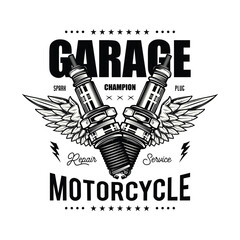 Retro poster with wings and spark plugs. Original vector illustration in vintage style isolated on white background. T-shirt design.