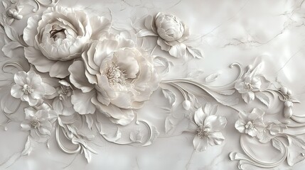 Elegant white floral relief design featuring peonies and delicate blossoms on a smooth textured surface