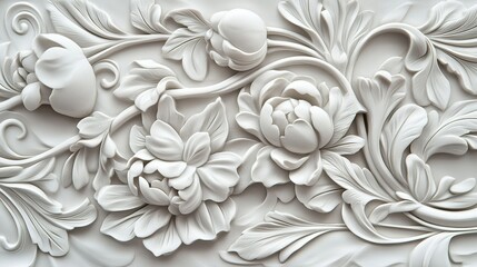 Elegant white floral relief design featuring intricate peonies and leaves with delicate details on a textured background