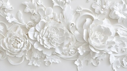 Elegant white floral relief sculpture featuring intricate designs of peonies and other blooms on a textured background