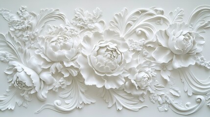 Intricate white plaster floral relief artwork displayed on a wall, showcasing detailed peonies and curling leaves with artistic craftsmanship