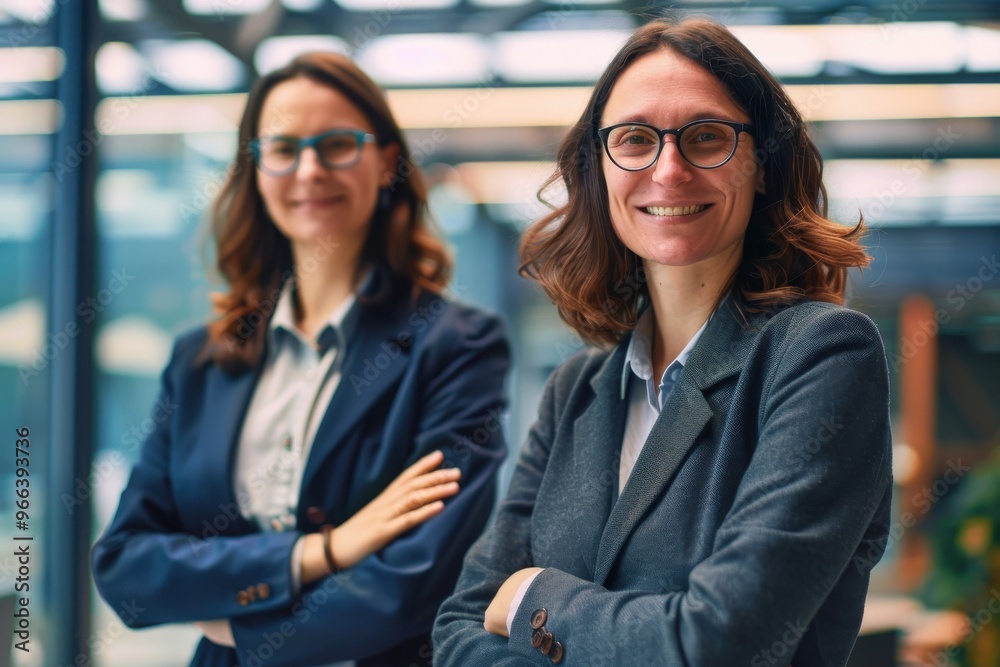 Poster smiling businesswoman with arms crossed standing by confident female colleague in office