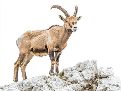 ibex poses majestically on a rugged rock surface, displaying its strong muscular frame and long, curved horns. The contrast with the white surroundings accentuates its grandeur.