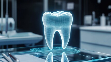 A futuristic digital hologram of a tooth displayed on a high-tech screen in a modern dental clinic environment. Represents innovation in dental care technology.