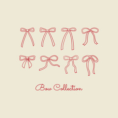 Collection of cute simple small outline ribbons. Vector hand drawn illustration of bows. Holiday clipart in retro sketch style