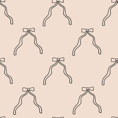 Seamless pattern with line art bows. Vector outline background with ribbons in retro style. Coquette and balletcore