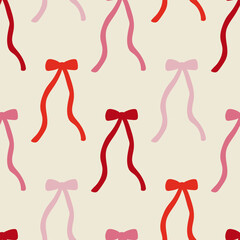 Seamless pattern with various abstract red and pink bows. Vector flat background of ribbons in retro style. Fashionable clipart for wedding, valentines day, birthday and other holidays. Coquette core