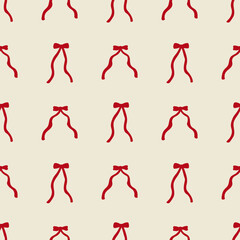 Seamless pattern with abstract simple red ribbons. Vector flat background with small bows in retro style. Coquette and ballet core. Holiday valentines day print