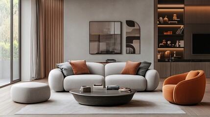Cozy Modern Living Room Interior with Plush Sofa, Stylish Armchair, and Pouf for a Relaxing Vibes